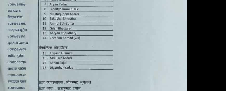 रबिन मण्डलको कप्तानीमा १४ सदस्यीय अण्डर १६ राष्टिय क्रिकेटको लागि सुनसरी टिमको घोषणा